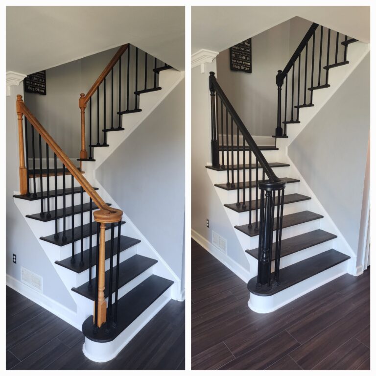 Interior painting before and after stair banister with black McDonough, GA